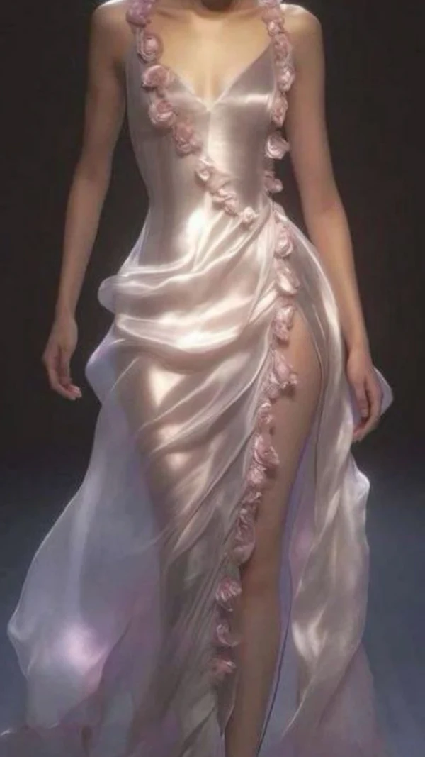 Pink V Neck 3D Flowers Sexy Long Prom Dress,High Slit Evening Party Dress Y8493