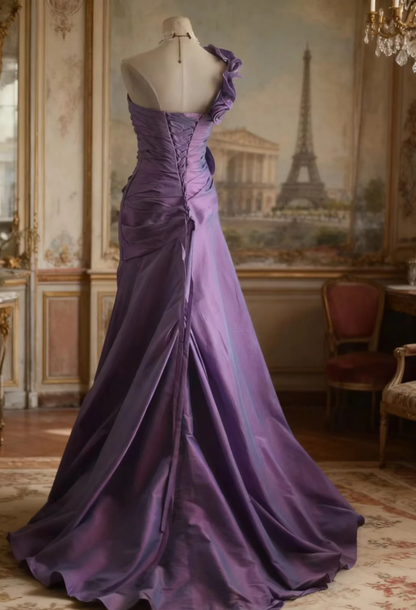 Classy One Satin Pleated Purple Mermaid Party Dress Formal Wedding Guest Dress SP749