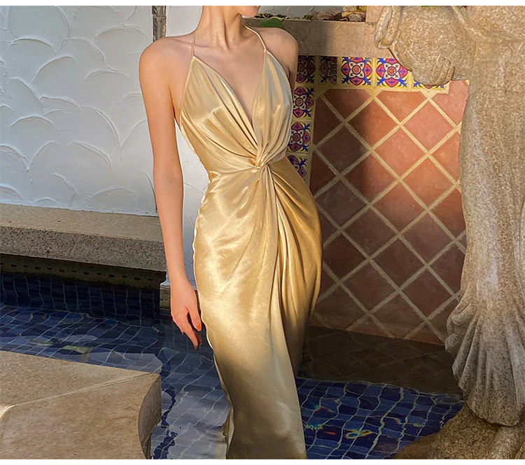 Sexy Halter V Neck Party Dress,Champagne Gold Prom Evening Dress Y8211