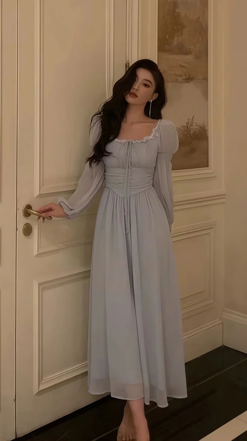 Grey Lace Chiffon Long Sleeves Party Dress Elegant Prom Evening Dress Y8021