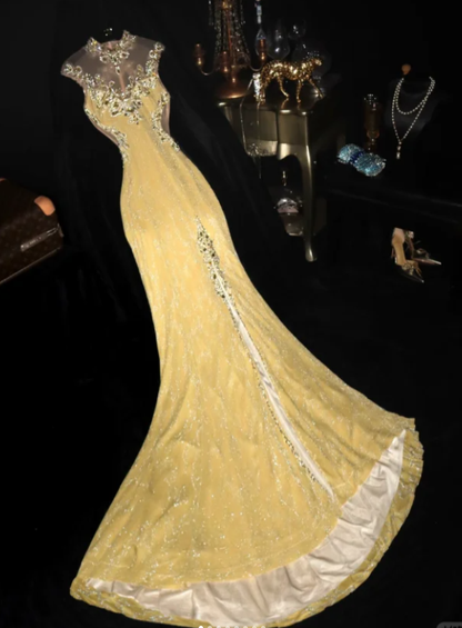 Shiny Sleeveless Yellow Tulle Sequin Beaded Mermaid Evening Dress Prom Dress SP725