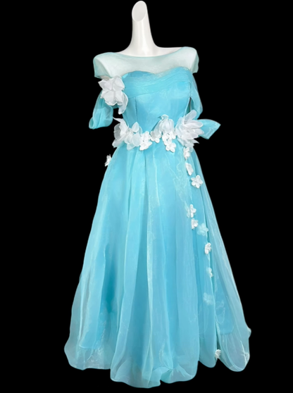 Classy Blue Tulle Appliques A Line Long Party Dress Prom Dresses SP3520