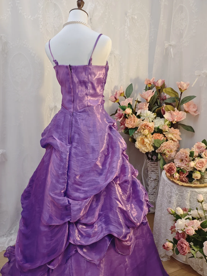 Retro Spaghetti Straps Satin Beaded Appliques Ball Gown Purple Long Party Dress Prom Gowns SP2163