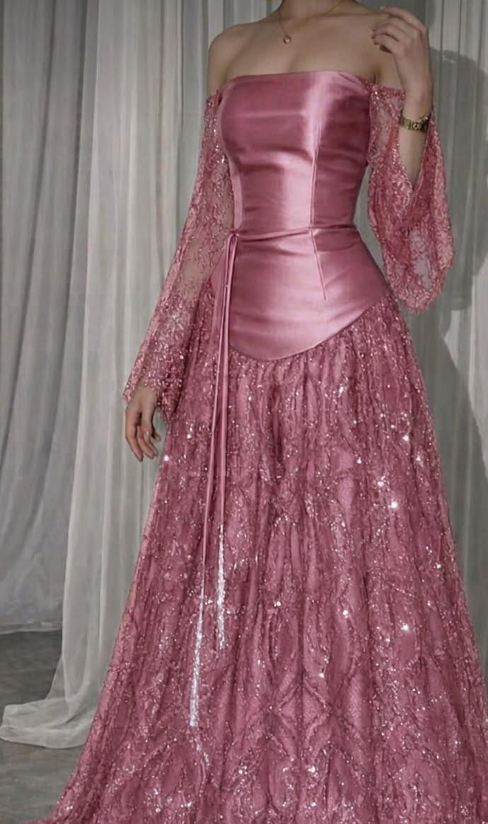Sparkly Pink Sequin A Line Long Party Dress Off The Shoulder Evening Gowns SP4167
