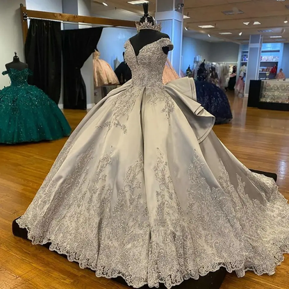 Luxurious Off The Shoulder Silver Quinceanera Dress,Silver Ball Gown Y1157