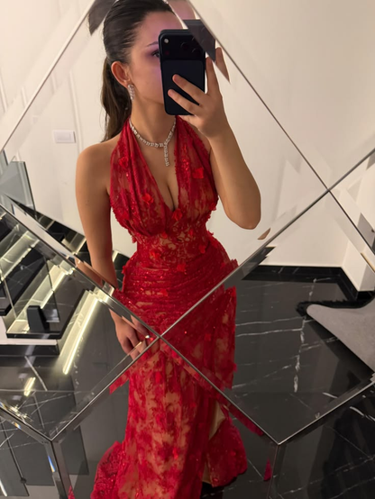 Pretty Halter V Neck Lace Appliques Long Party Dress Red Mermaid Long Evening Dress SP4035