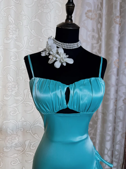Sexy Spaghetti Straps Blue Satin Ruffles Slit Long Party Dress Formal Wedding Guest Dress SP1944