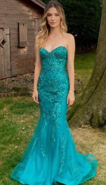 Classy Green Strapless Tulle Appliques Mermaid Evening Dress Formal Birthday Outfits SP618