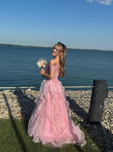 Pink Off Shoulder Fluffy Lace Appliques Floral Long Prom Dress,Evening Dress Y7846