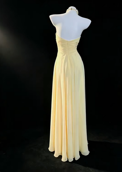 Pretty Yellow Strapless Chiffon Pleated A Line Long Prom Dress Party Gown SP2767