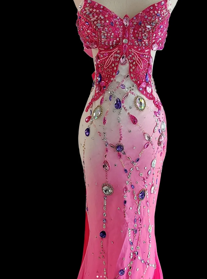 Unique Spaghetti Straps Ombre Pink Chiffon Sequin Beaded Mermaid Evening Dress Long Prom Gown SP440