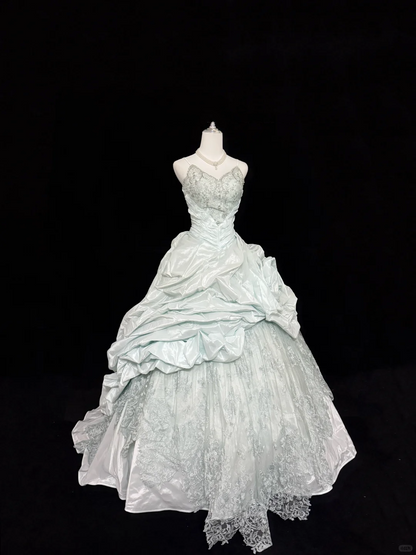 Glamorous Spaghetti Straps V Neck Lace Satin Pleated Floral Quinceanera Dress Sweet 16 Dress SP2219