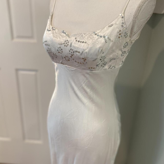Elegant White Spaghetti Straps Satin Sequin Mermaid Long Wedding Guest Dress Party Dress SP995