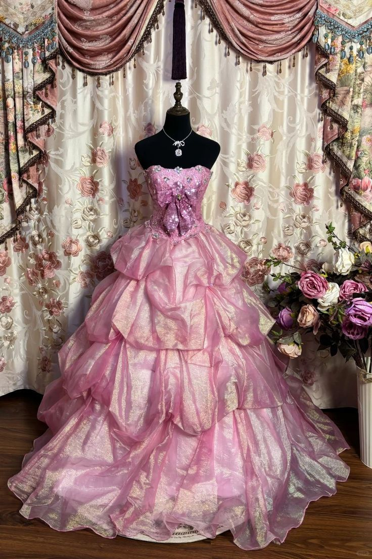 Retro Pink Strapless Sequin Organza Pleated Ball Gown Formal Quinceanera Dress With Beading SP483