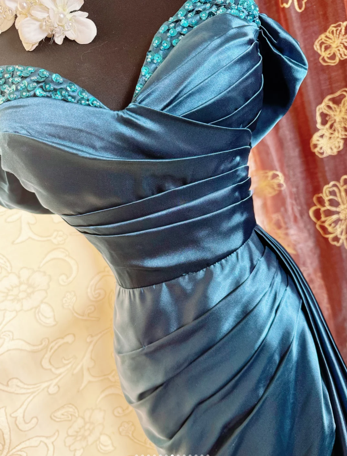 Gorgeous Navy Blue Off The Shoulder Satin Beaded Mermaid Long Evening Dress Formal Birthday Prom Dress SP1886