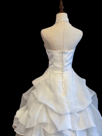 Vintage Halter Ball Gown White Tulle Pleated Lace Long Wedding Dress SP4085