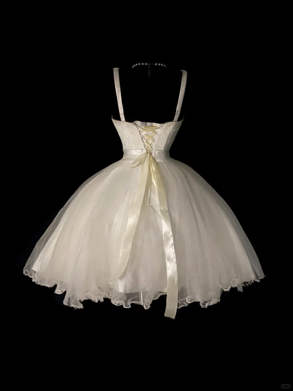 Sweet Off White Spaghetti Straps Tulle Lace Short Homecoming Dress Birthday Dress SP4038