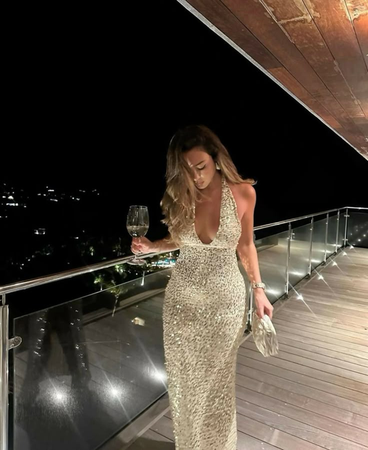 Sparkly Deep V Halter Sequin Long Evening Dress Backless Prom Dress SP790