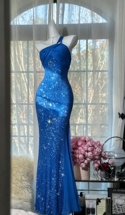 Sparkly One Shoulder Sequin Chiffon Mermaid Evening Dress Hot Pink Long Birthday Dress SP1668