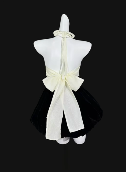 Fashion Black Halter Satin A Line Short Homecoming Dress Cocktail Dress With Bow SP3499