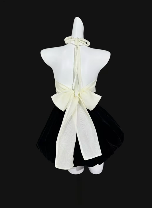 Fashion Black Halter Satin A Line Short Homecoming Dress Cocktail Dress With Bow SP3499