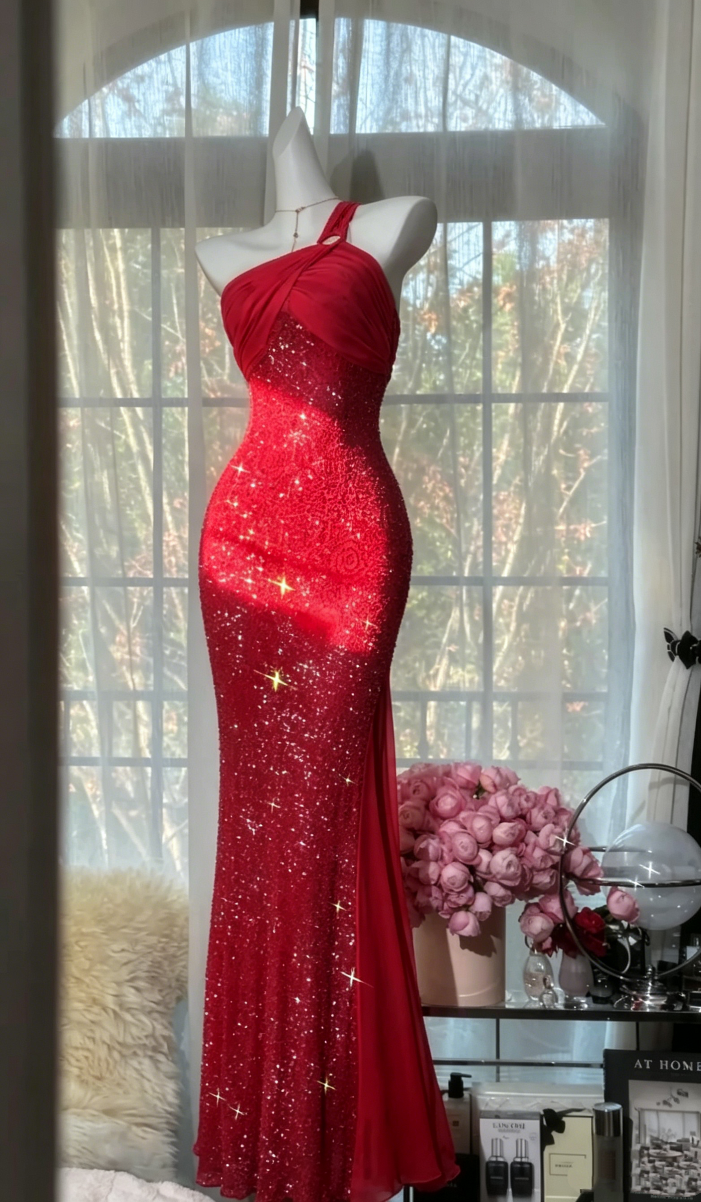 Sparkly One Shoulder Sequin Chiffon Mermaid Evening Dress Hot Pink Long Birthday Dress SP1668