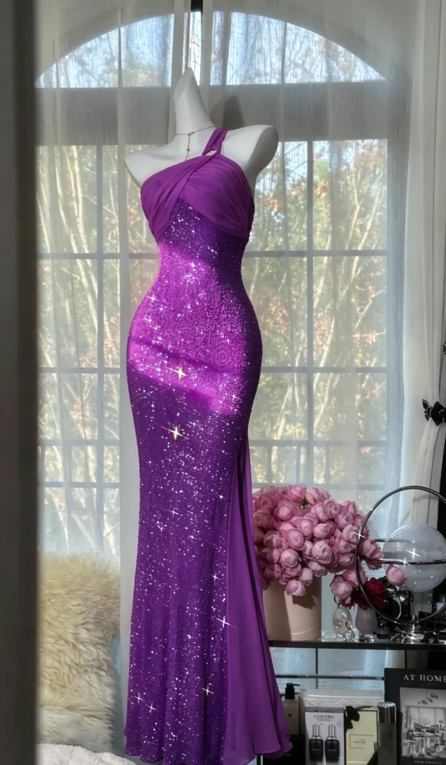 Sparkly One Shoulder Sequin Chiffon Mermaid Evening Dress Hot Pink Long Birthday Dress SP1668