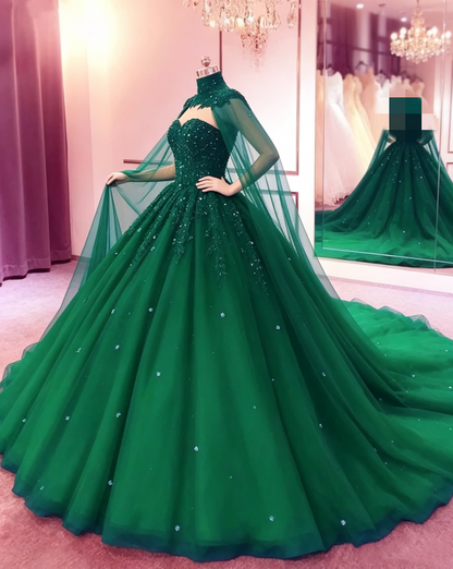 Green Sweetheart Ball Gown Prom Dress With Cape S13179