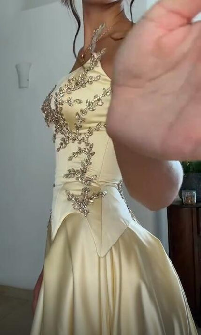 Elegant Yellow Satin Beaded A Line Long Party Dress Prom Gown SP4161