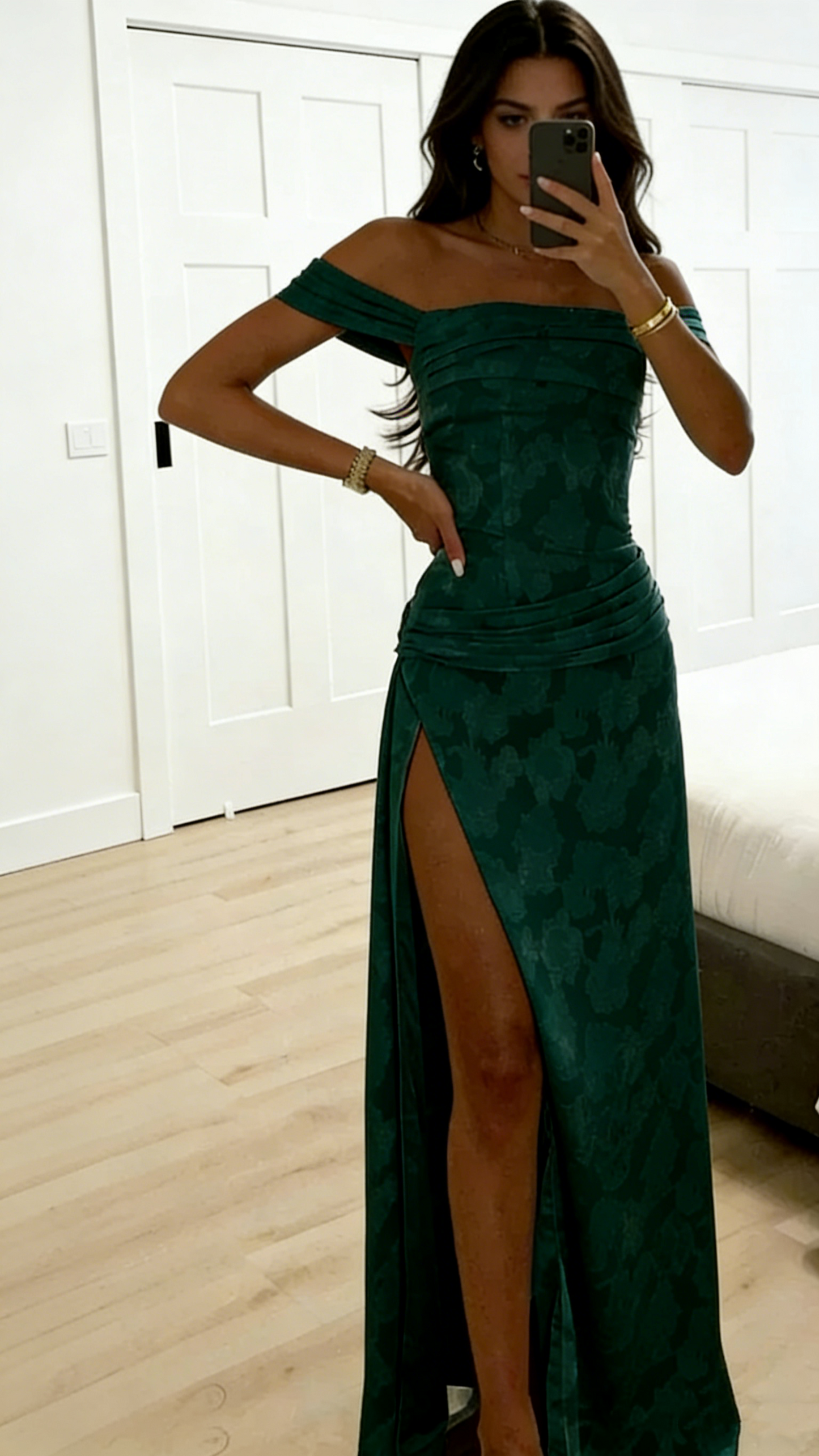 Pretty Off The Shoulder Blue Satin Print Floral Slit Long Party Dress Birthday Dress SP2042