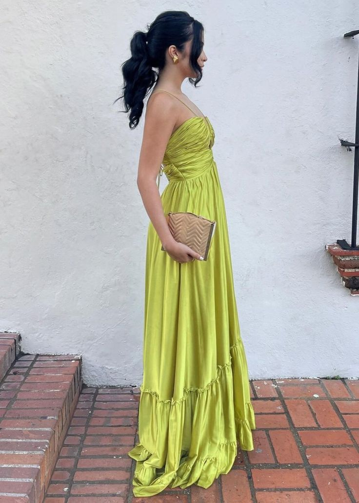 Sexy Ruched A Line Halter Sleeveless Long Prom Dress Chartreuse Evening Dress Y8810