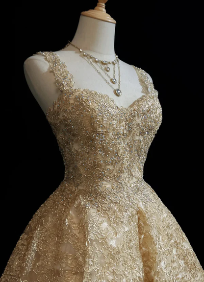 Gorgeous Gold Lace A Line Short Homecoming Dress 18th Birthday Outfits Y9687
