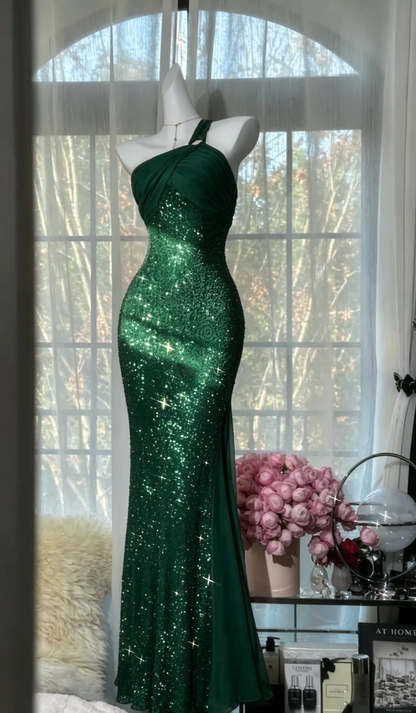 Sparkly One Shoulder Sequin Chiffon Mermaid Evening Dress Hot Pink Long Birthday Dress SP1668