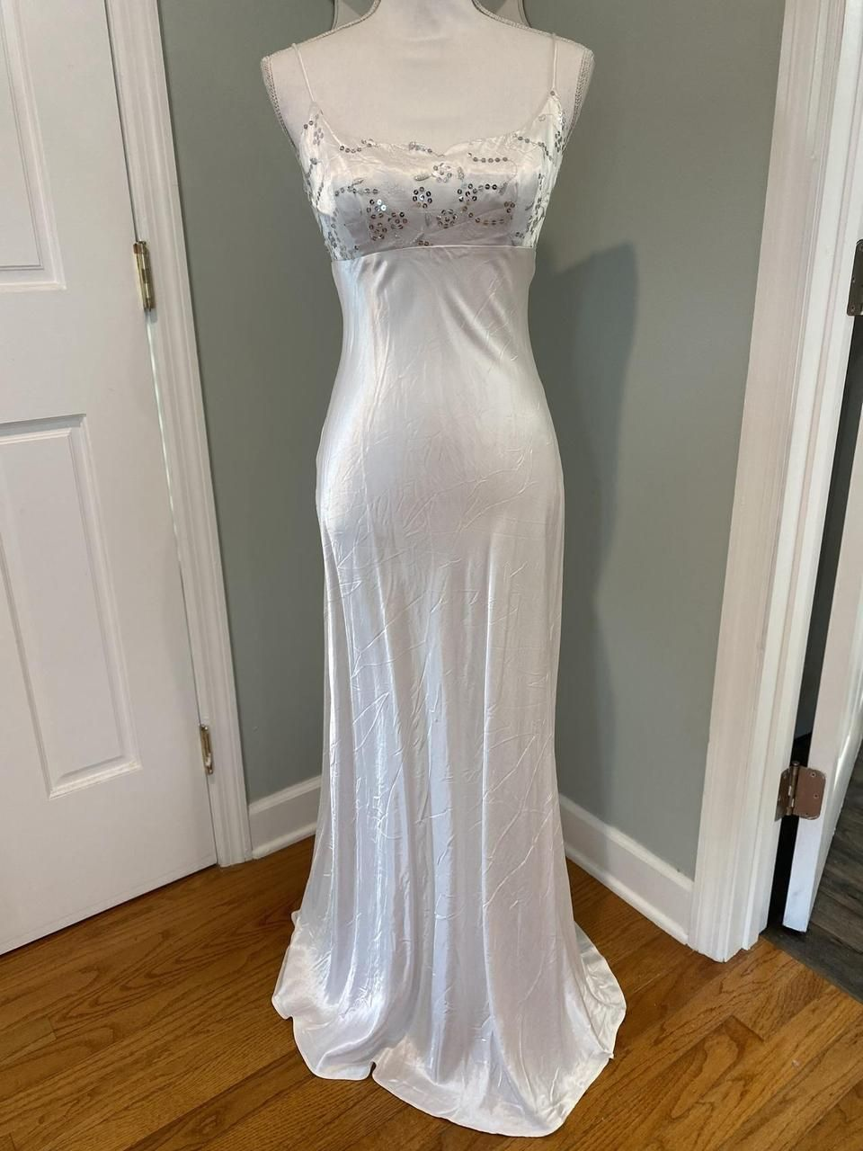 Elegant White Spaghetti Straps Satin Sequin Mermaid Long Wedding Guest Dress Party Dress SP995