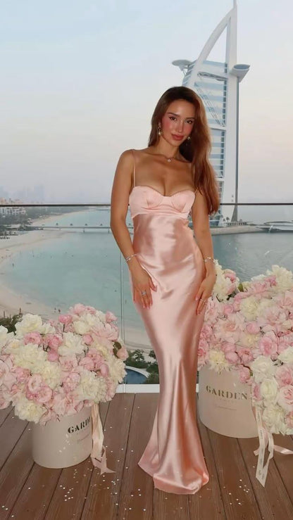 Charming Spaghetti Straps Pink Satin Mermaid Long Party Dress Prom Dress SP4176
