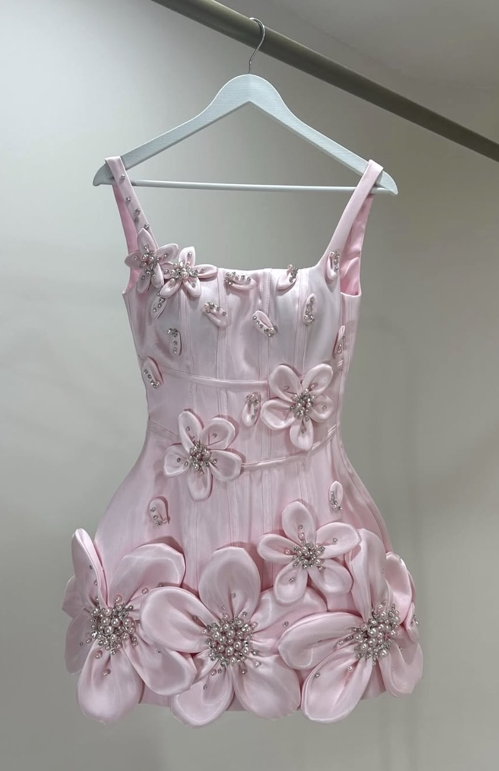 Charming Pink Spaghetti Straps Satin 3D Flower Sheath Short Homecoming Dress Cocktail Dress SP3056