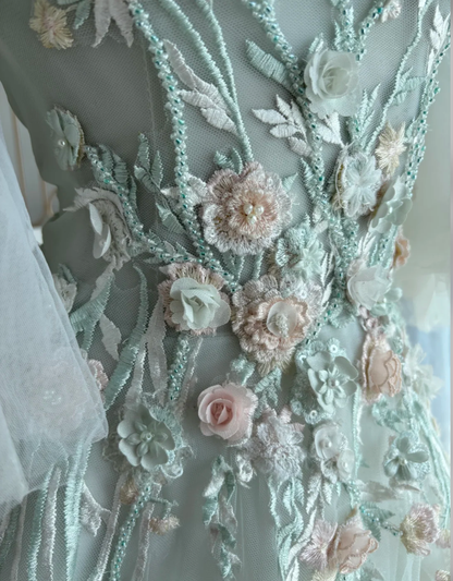 Elegant Off The Shoulder Tulle Appliques Beaded Mermaid Party Dress, Light Green Long Wedding Guest Dress SP1455