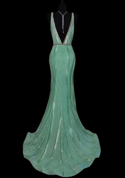 Sexy V Neck Green Satin Beaded Mermaid Party Gown Backless Long Prom Dress SP442