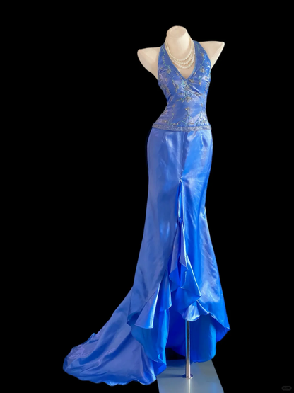 Elegant Halter V Neck Satin Beaded Long Prom Dress Blue Mermaid Long Party Dress SP4088