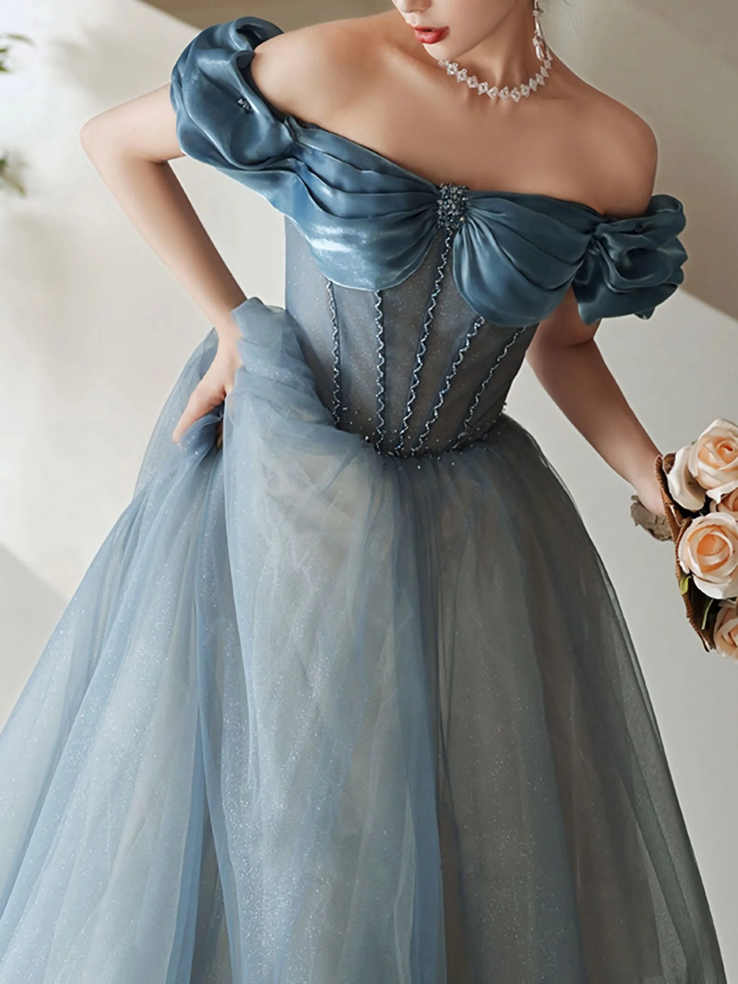 Blue Sweetheart Off Shoulder Tulle Long Prom Dress, Blue Formal Dress Y4255