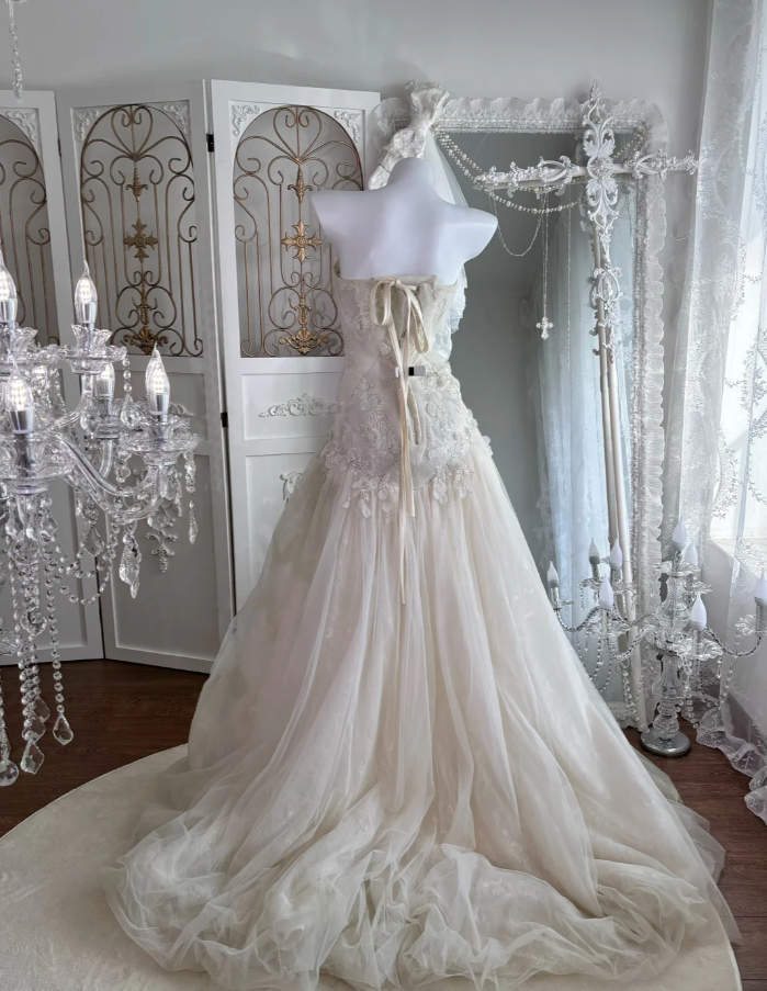Classy Strapless Off White Tulle Beaded Appliques Mermaid Long Birthday Party Dress Prom Gown SP1463