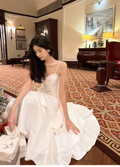 Charming White Spaghetti Strap Satin Ruffles Layered Mermaid Long Party Dress Prom Dress SP1985