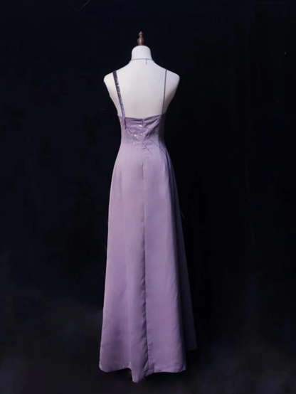 Classy Purple Satin Sequin A Line Long Wedding Guest Dress Formal Birthday Party Dress SP1854