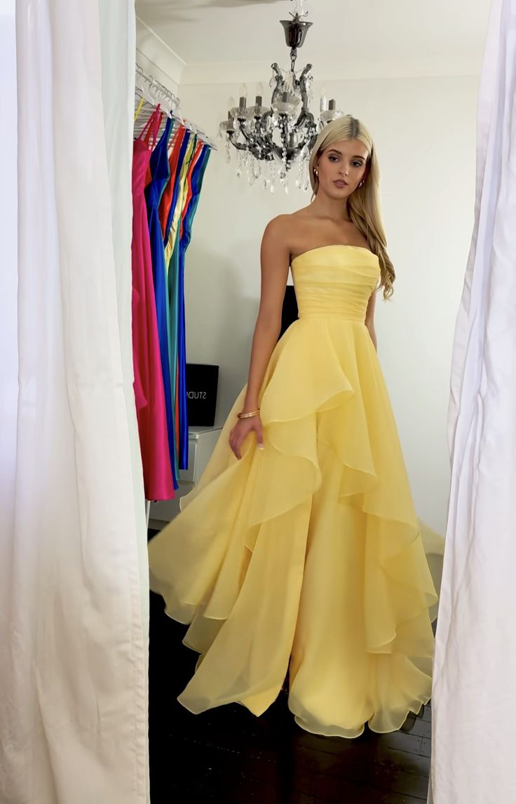 Cute Strapless Yellow Tulle Long Evening Dress Formal Wedding Guest Dress SP463