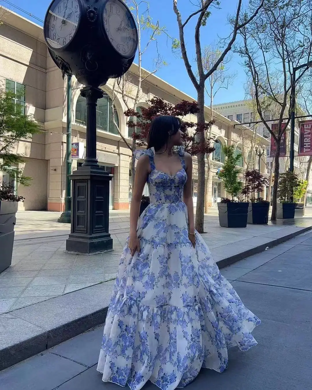 Blue Flower Pattern Prom Dress Spaghetti Strap Princess Formal Occasion Dresses A-line Party Dress Y2722