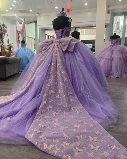 Purple Tulle Ball Gown With Butterflies,Sweet 16 Dress,Purple Princess Dress Y2270