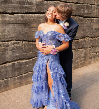 Charming Off The Shoulder Blue Tulle Sequin Layered Mermaid Long Wedding Guest Dress Formal Birthday Evening Gown SP1098