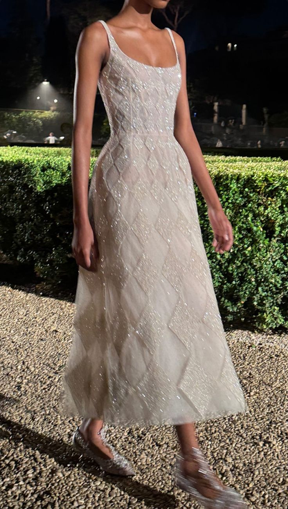 Glitter Spaghetti Straps White Tulle Sequin A Line Long Evening Dress Birthday Outfits SP1010