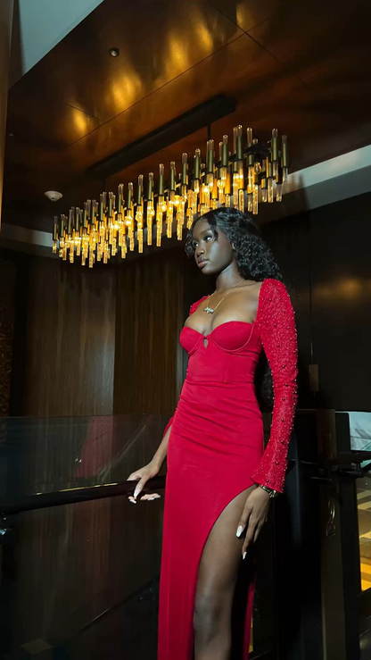 Vintage Red Evening Dress With Long Sleeves,20th Birthday Red Party Dress  Y4924