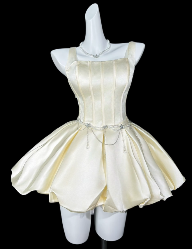 Fashion Light Champagne Satin A Line Short Graduation Homecoming Dress,Spaghetti Straps Short Prom Dress SP3543